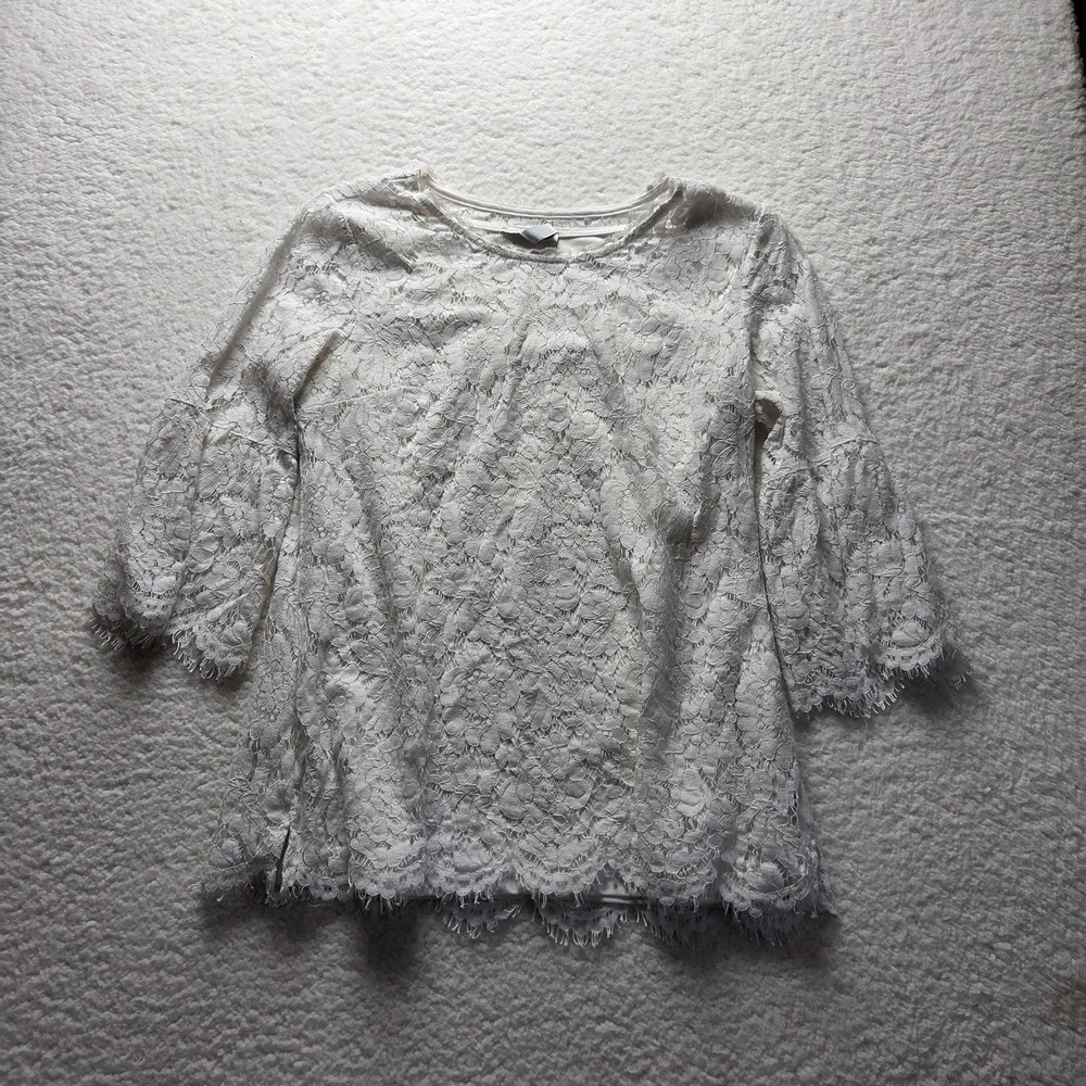 Isaac Mizrahi Live! Blouse Womens Small White Round Neck 3/4 Bell Sleeve Lace